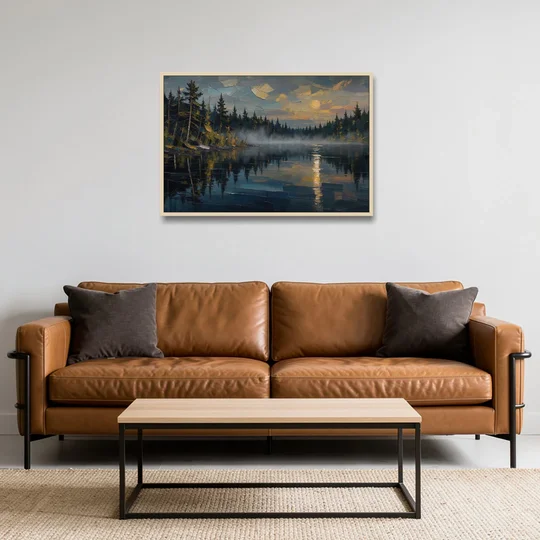 Atmospheric Landscape Painting of a Fogbound Lake - Oak Framed Canvas Wall Art - Sofa - 36x24
