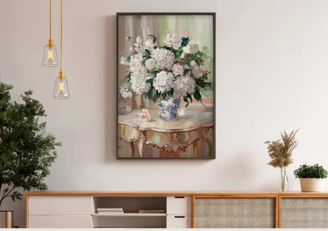 Augusta Classic Southern Charm canvas wall art above a wooden sideboard under pendant lights