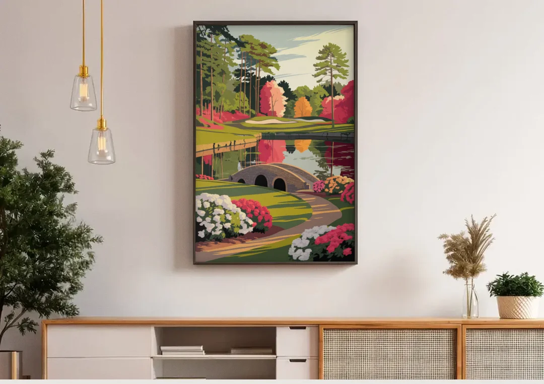 Augusta Golf Heritage Tribute canvas wall art above a wooden sideboard under pendant lights