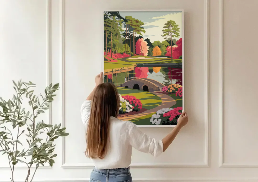 Augusta Golf Heritage Tribute canvas wall art being hung on a paneled wall