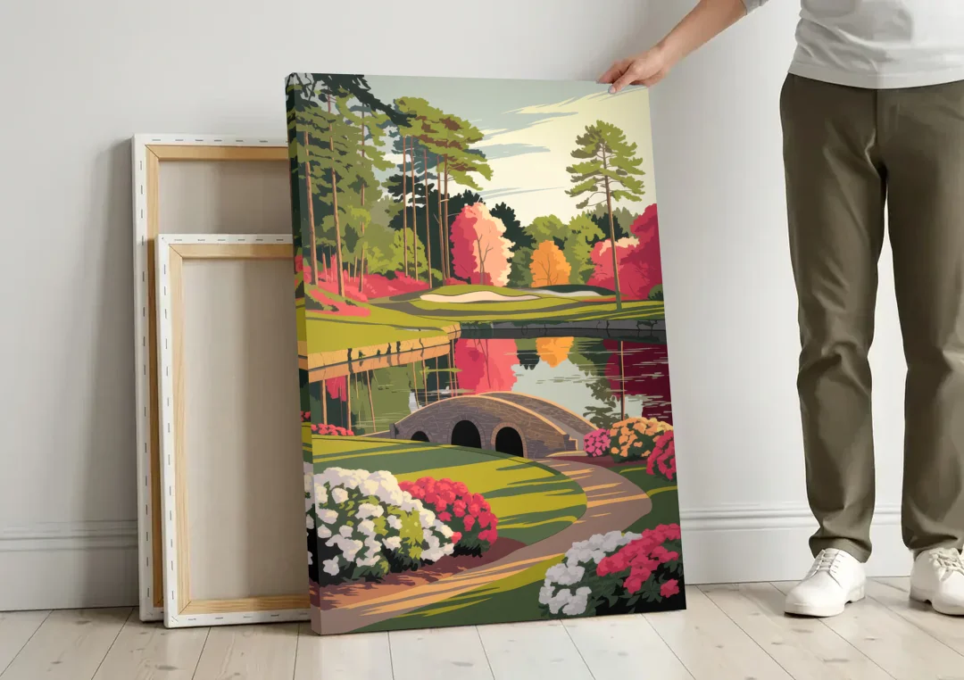 Augusta Golf Heritage Tribute canvas wall art leaning against a wall next to blank canvases