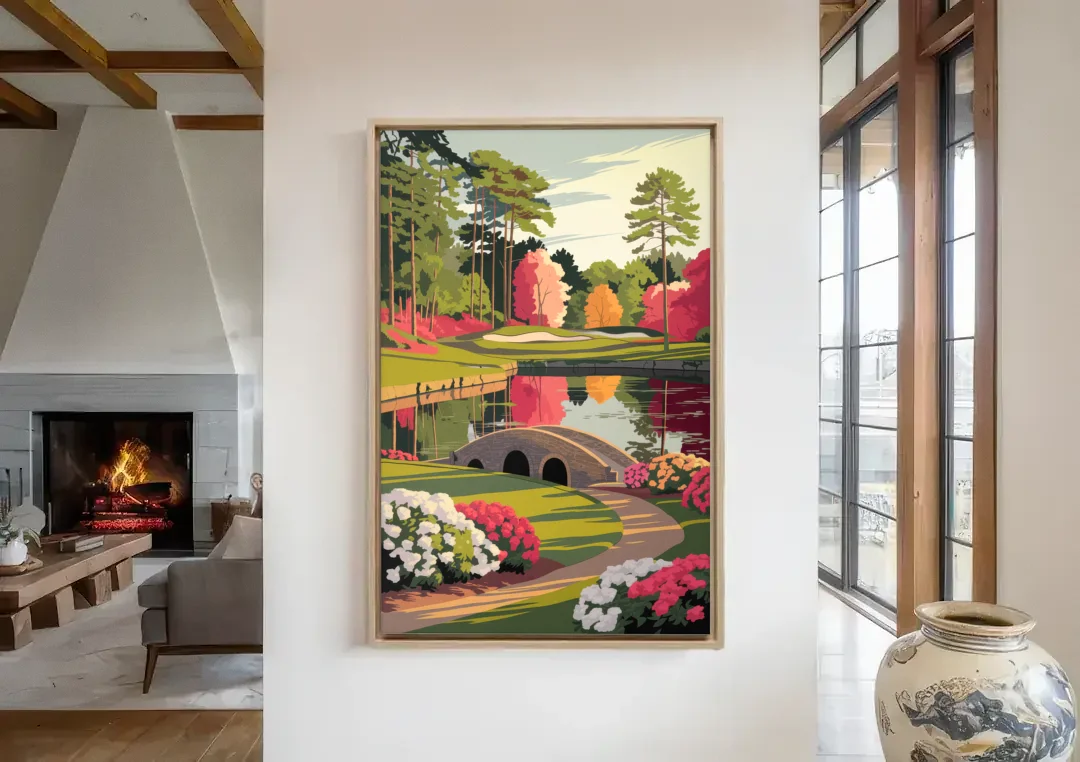 Augusta Golf Heritage Tribute canvas wall art in a living room with a fireplace
