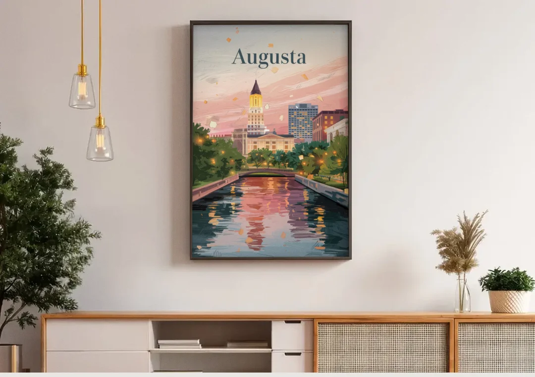 Augusta Historic Downtown Charm canvas wall art above a wooden sideboard under pendant lights