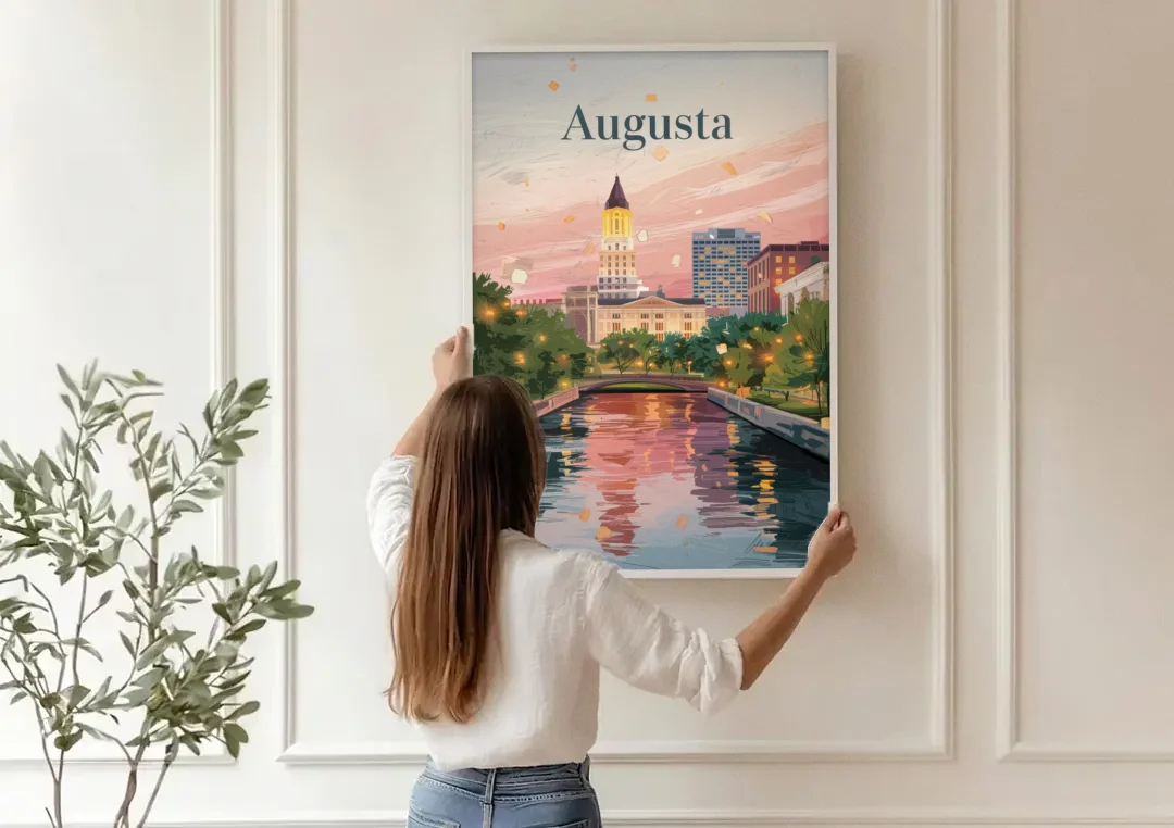 Augusta Historic Downtown Charm canvas wall art being hung on a paneled wall