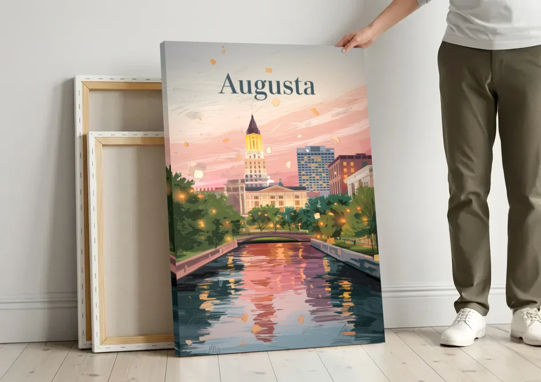 Augusta Historic Downtown Charm canvas wall art leaning against a wall next to blank canvases