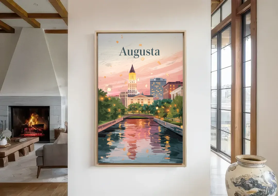 Augusta Historic Downtown Charm canvas wall art in a living room with a fireplace
