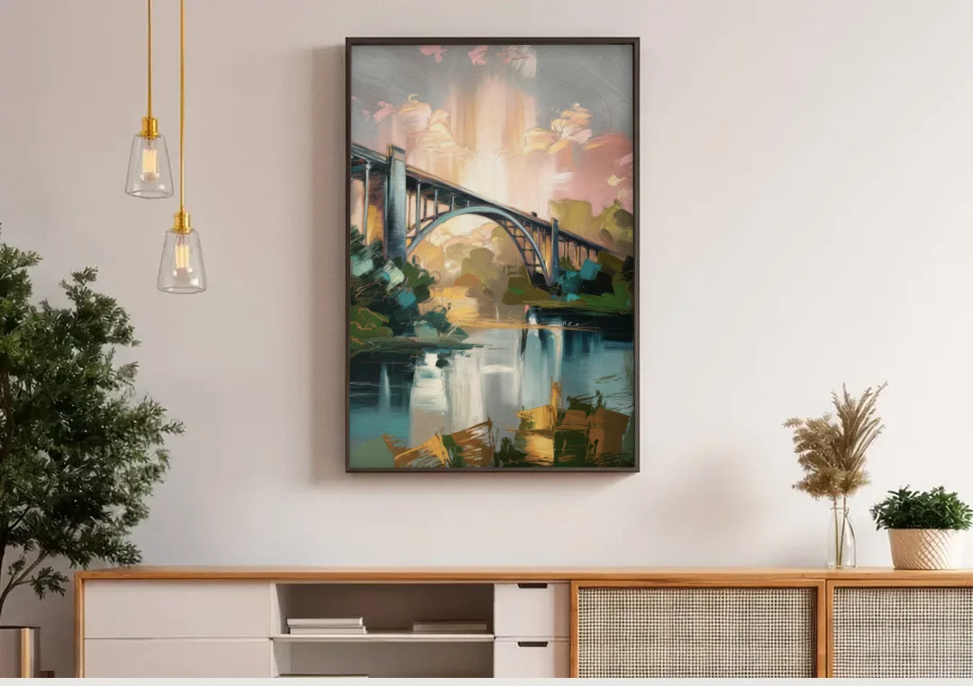 Augusta Iconic Bridge View canvas wall art above a wooden sideboard under pendant lights