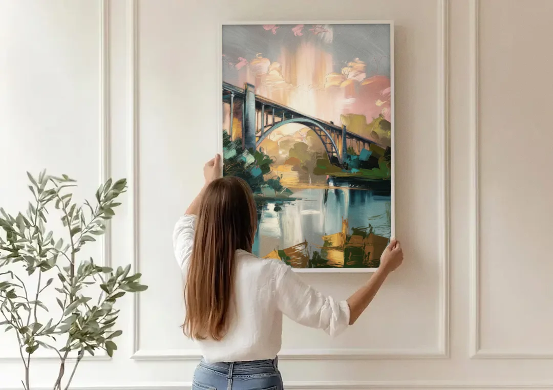 Augusta Iconic Bridge View canvas wall art being hung on a paneled wall