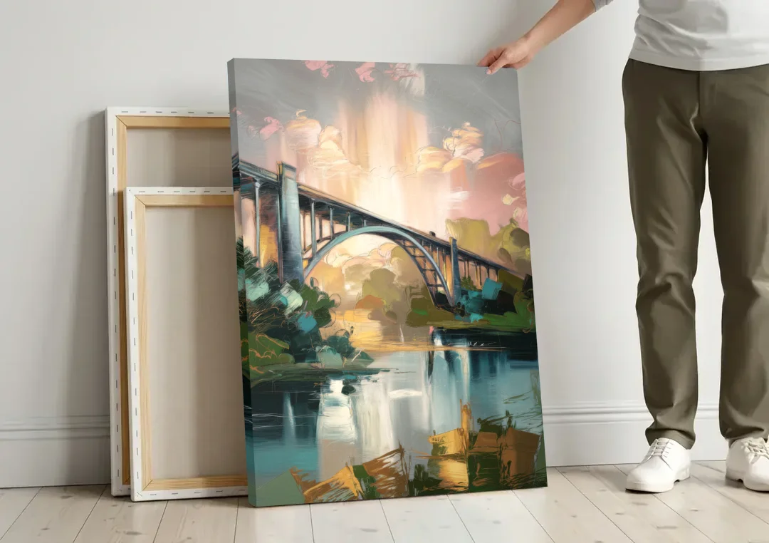 Augusta Iconic Bridge View canvas wall art leaning against a wall next to blank canvases