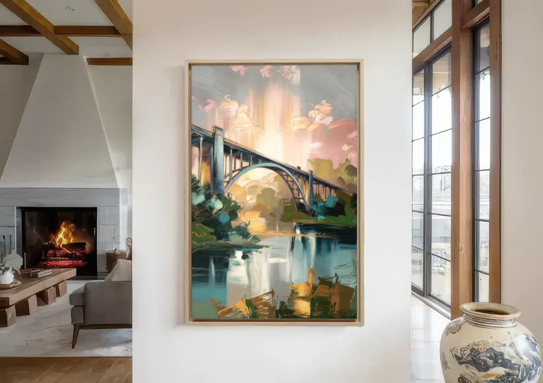 Augusta Iconic Bridge View canvas wall art in a living room with a fireplace
