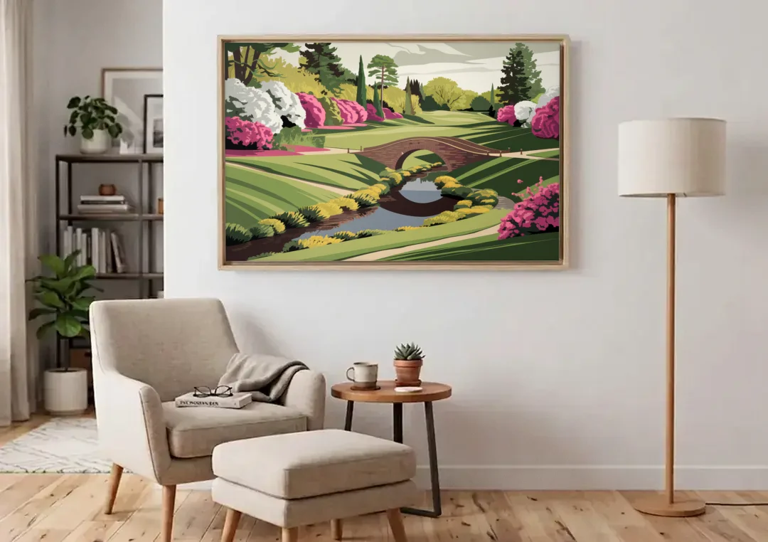 Augusta National Green Landscape canvas wall art above an armchair in a bright living room