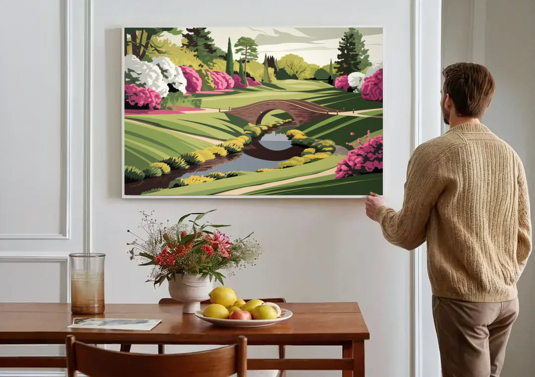 Augusta National Green Landscape canvas wall art above a dining table