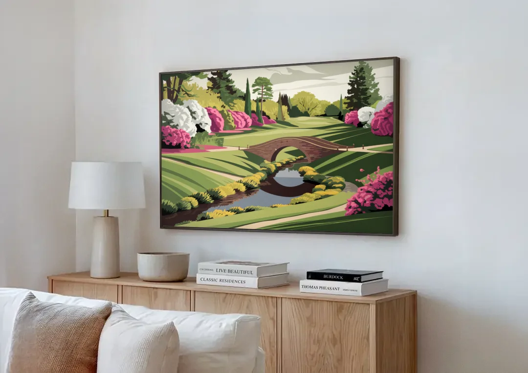 Augusta National Green Landscape canvas wall art above a wooden sideboard next to a sofa
