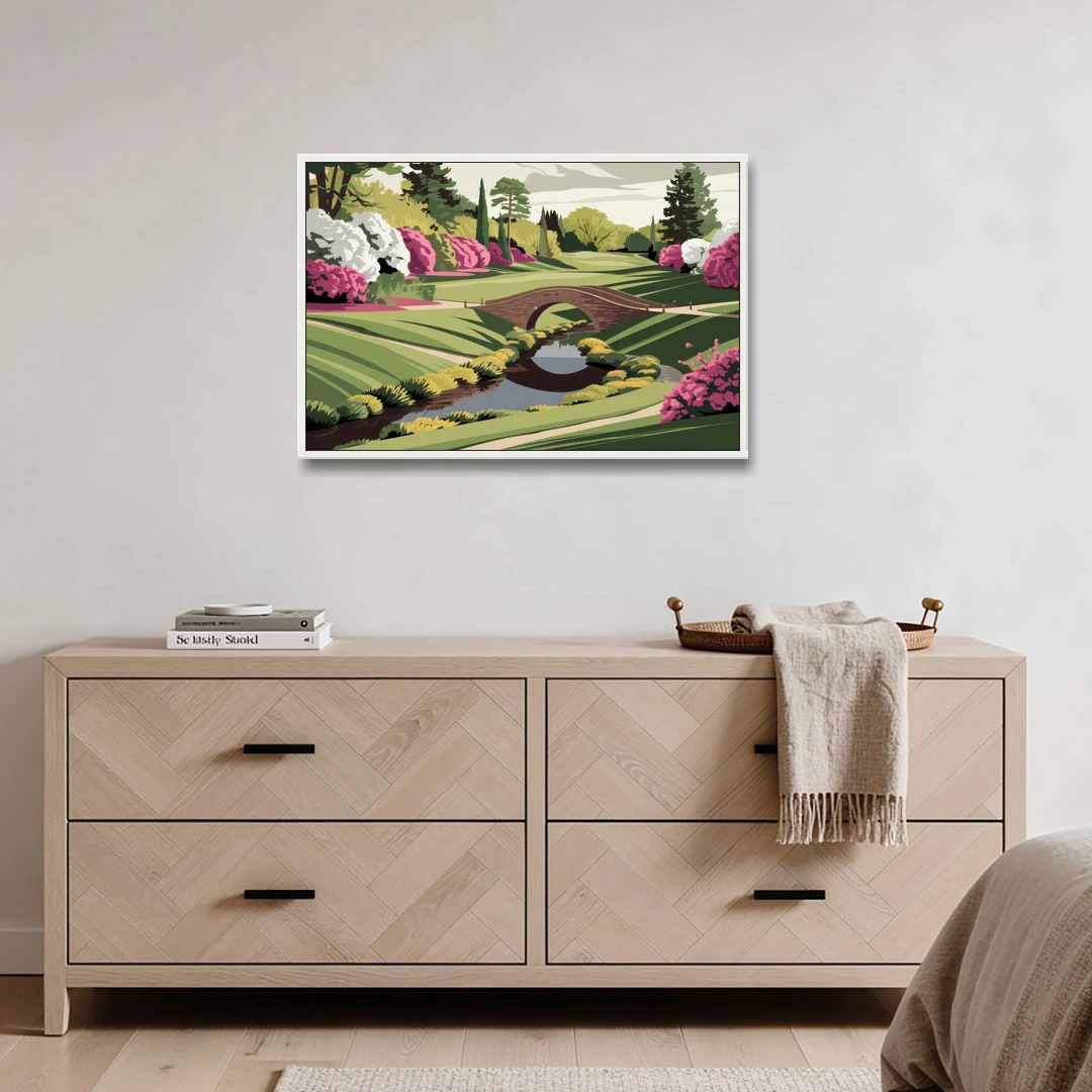 Augusta National Green Landscape - White Framed Canvas Wall Art - Coffee Table - 36x24