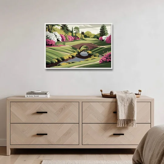 Augusta National Green Landscape - White Framed Canvas Wall Art - Coffee Table - 36x24