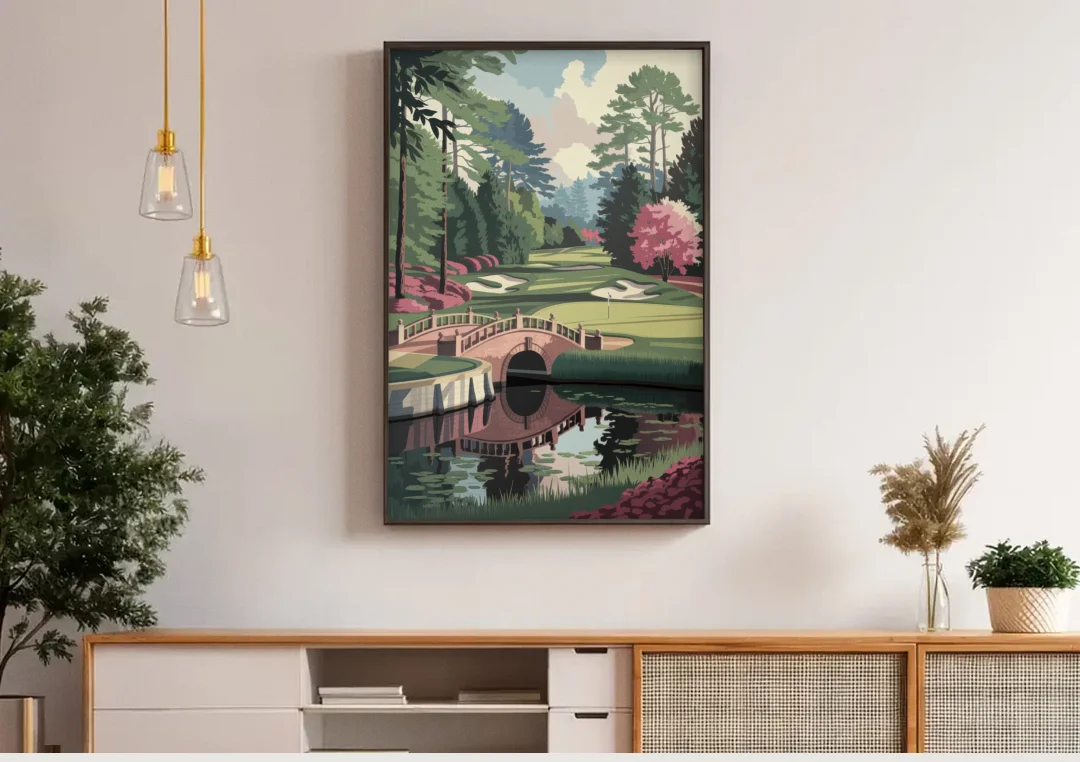 Augusta Scenic Golf Course canvas wall art above a wooden sideboard under pendant lights