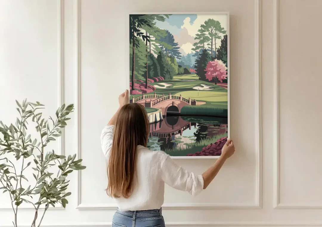Augusta Scenic Golf Course canvas wall art being hung on a paneled wall