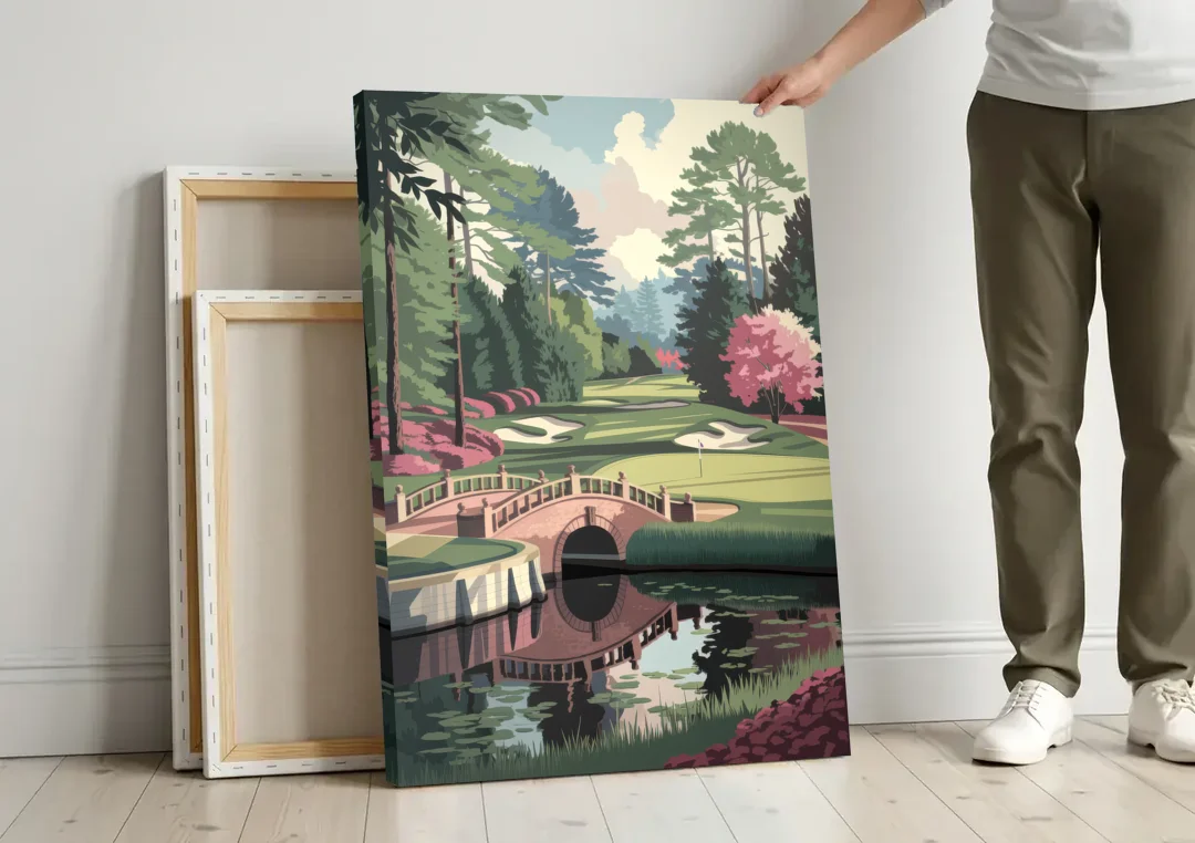 Augusta Scenic Golf Course canvas wall art leaning against a wall next to blank canvases