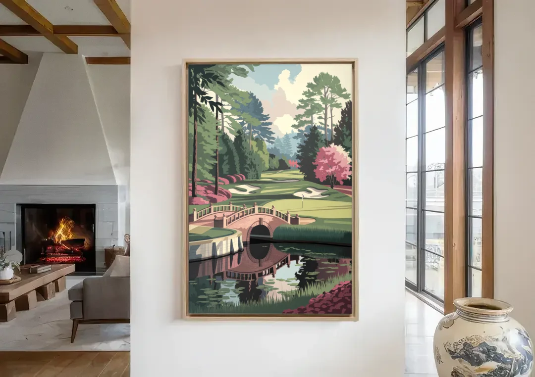 Augusta Scenic Golf Course canvas wall art in a living room with a fireplace