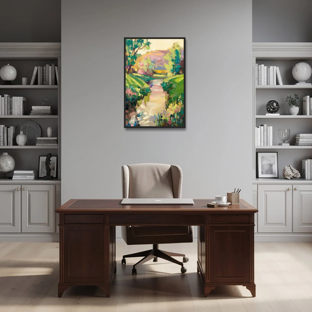 Augusta Serene Riverfront - Black Framed Canvas Wall Art - Office - 24x36
