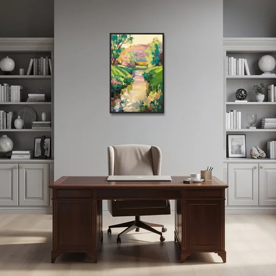 Augusta Serene Riverfront - Black Framed Canvas Wall Art - Office - 24x36