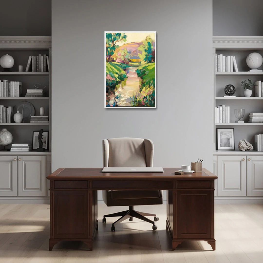 Augusta Serene Riverfront - White Framed Canvas Wall Art - Office - 24x36