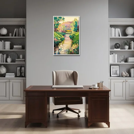 Augusta Serene Riverfront - White Framed Canvas Wall Art - Office - 24x36