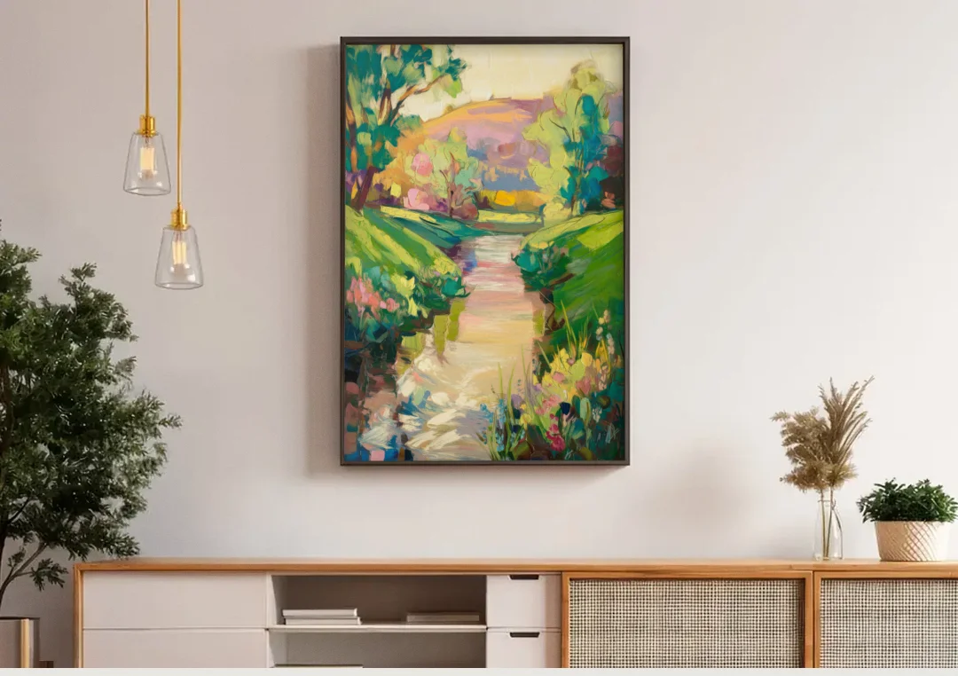 Augusta Serene Riverfront canvas wall art above a wooden sideboard under pendant lights