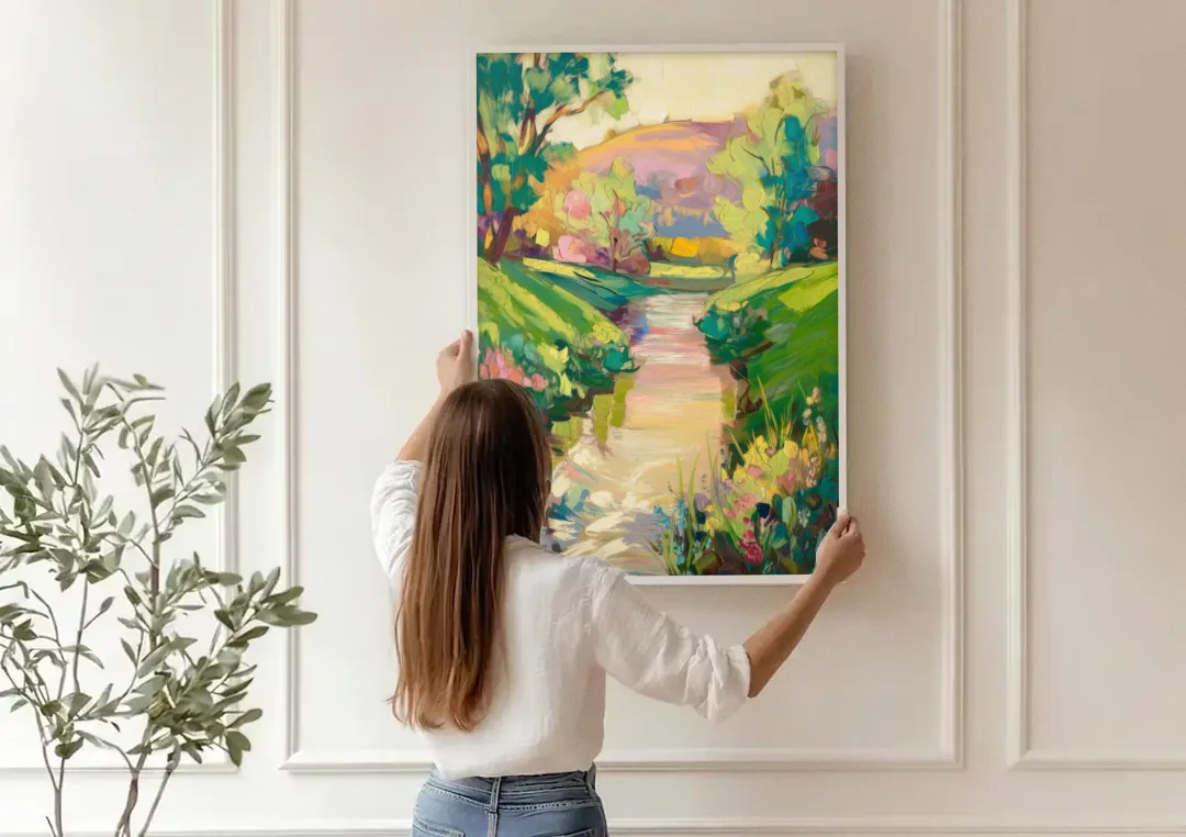 Augusta Serene Riverfront canvas wall art being hung on a paneled wall