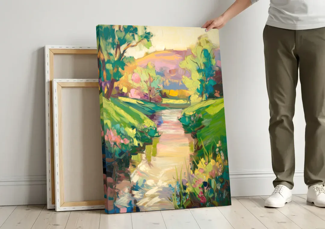 Augusta Serene Riverfront canvas wall art leaning against a wall next to blank canvases