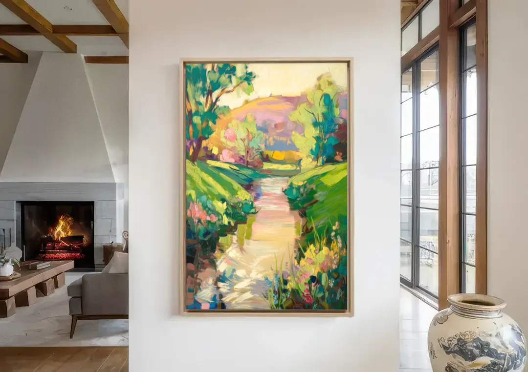 Augusta Serene Riverfront canvas wall art in a living room with a fireplace