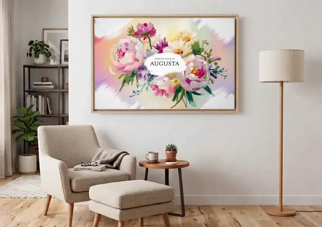 Augusta Springtime Blooms canvas wall art above an armchair in a bright living room