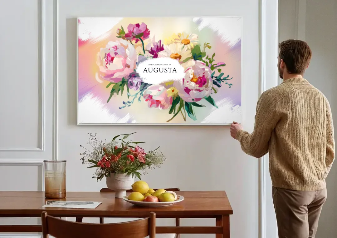 Augusta Springtime Blooms canvas wall art above a dining table
