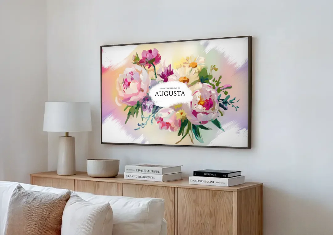 Augusta Springtime Blooms canvas wall art above a wooden sideboard next to a sofa