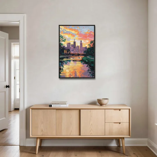 Augusta Sunset Over Skyline - Black Framed Canvas Wall Art - Coffee Table - 24x36