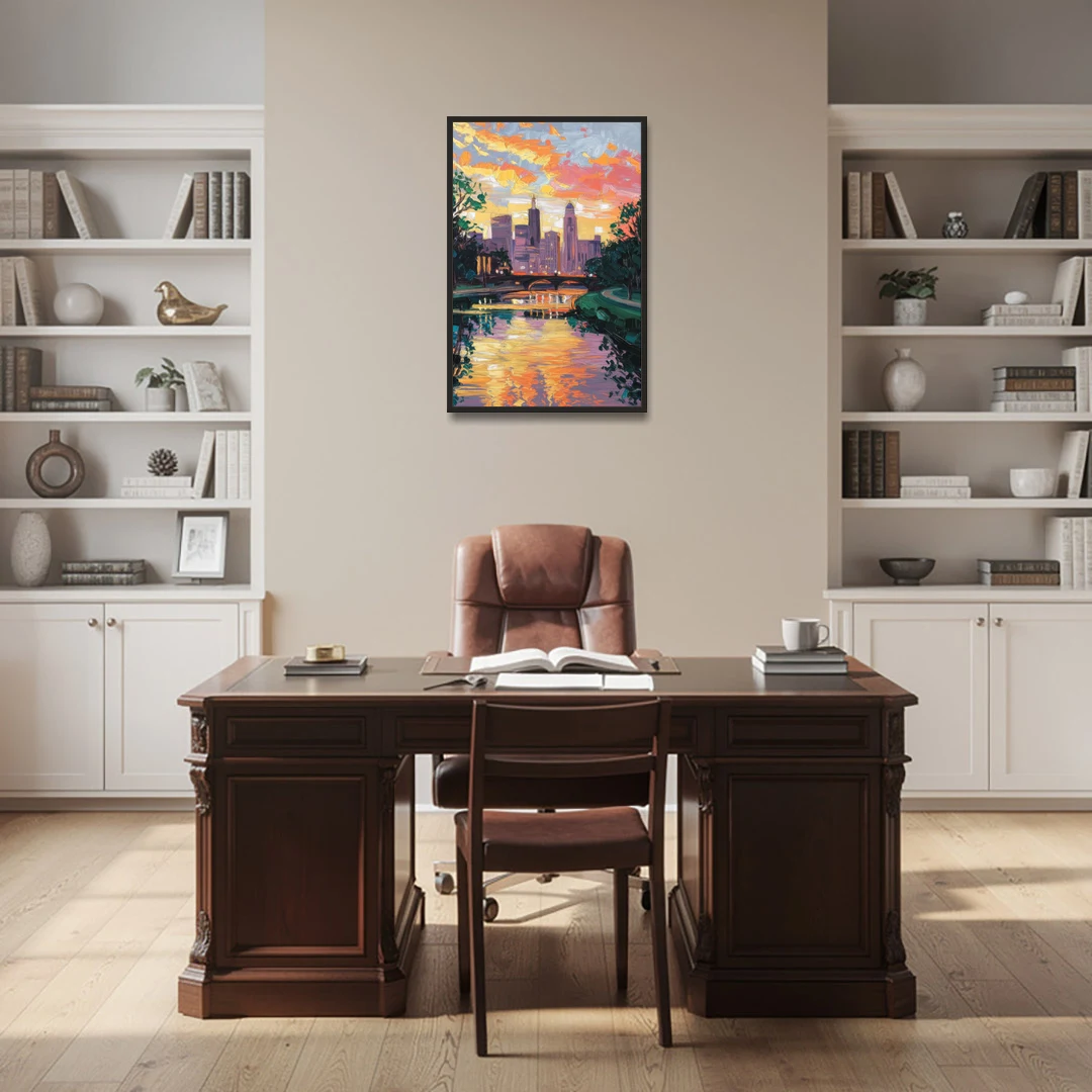 Augusta Sunset Over Skyline - Black Framed Canvas Wall Art - Office - 24x36