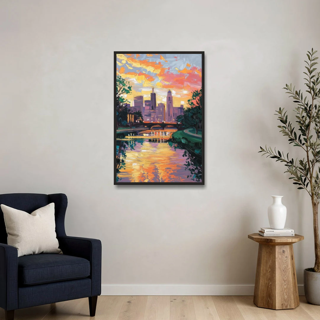 Augusta Sunset Over Skyline - Black Framed Canvas Wall Art - Sofa - 24x36