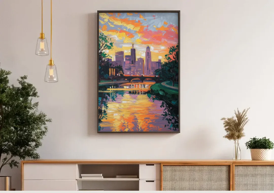 Augusta Sunset Over Skyline canvas wall art above a wooden sideboard under pendant lights