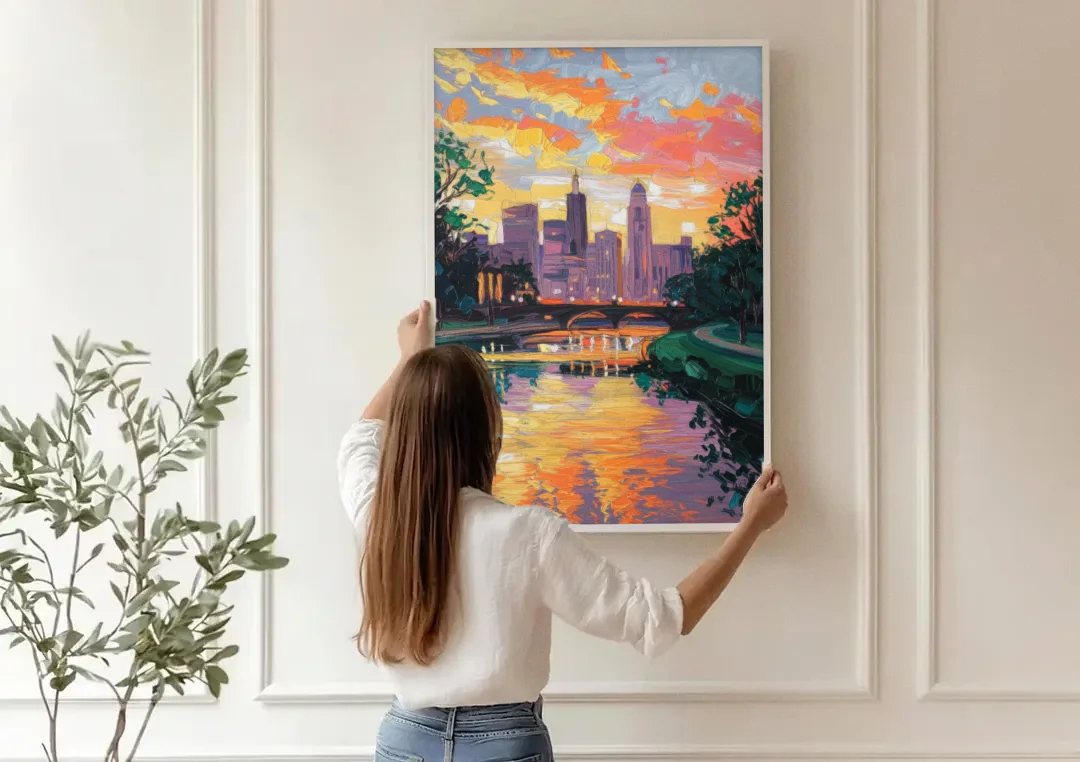 Augusta Sunset Over Skyline canvas wall art being hung on a paneled wall