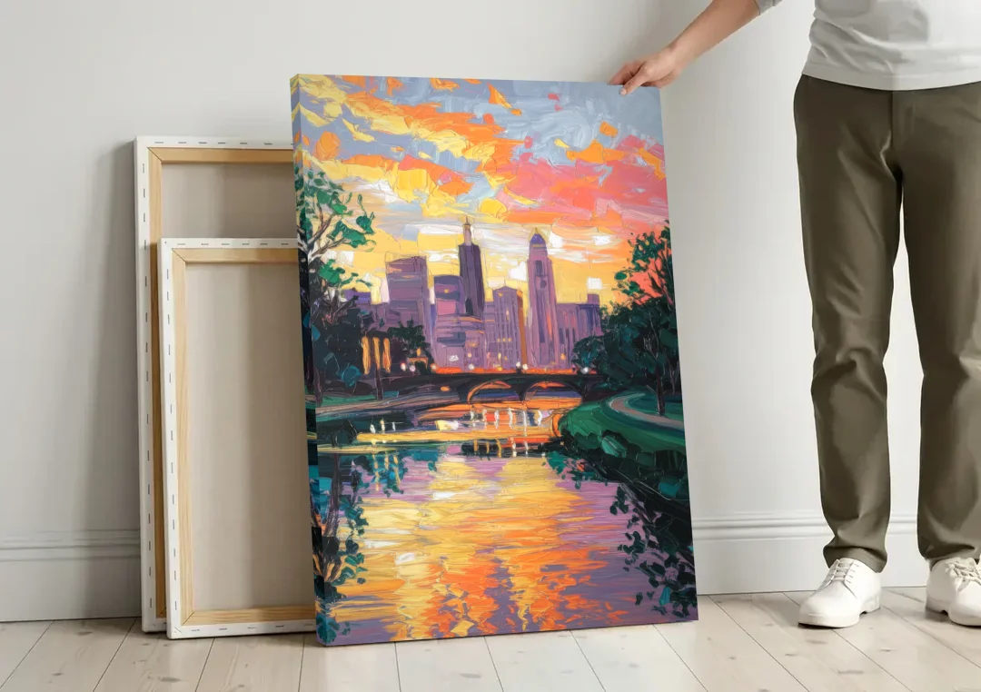 Augusta Sunset Over Skyline canvas wall art leaning against a wall next to blank canvases