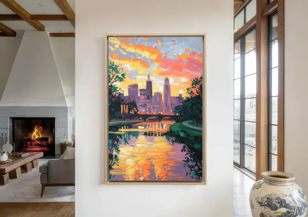 Augusta Sunset Over Skyline canvas wall art in a living room with a fireplace