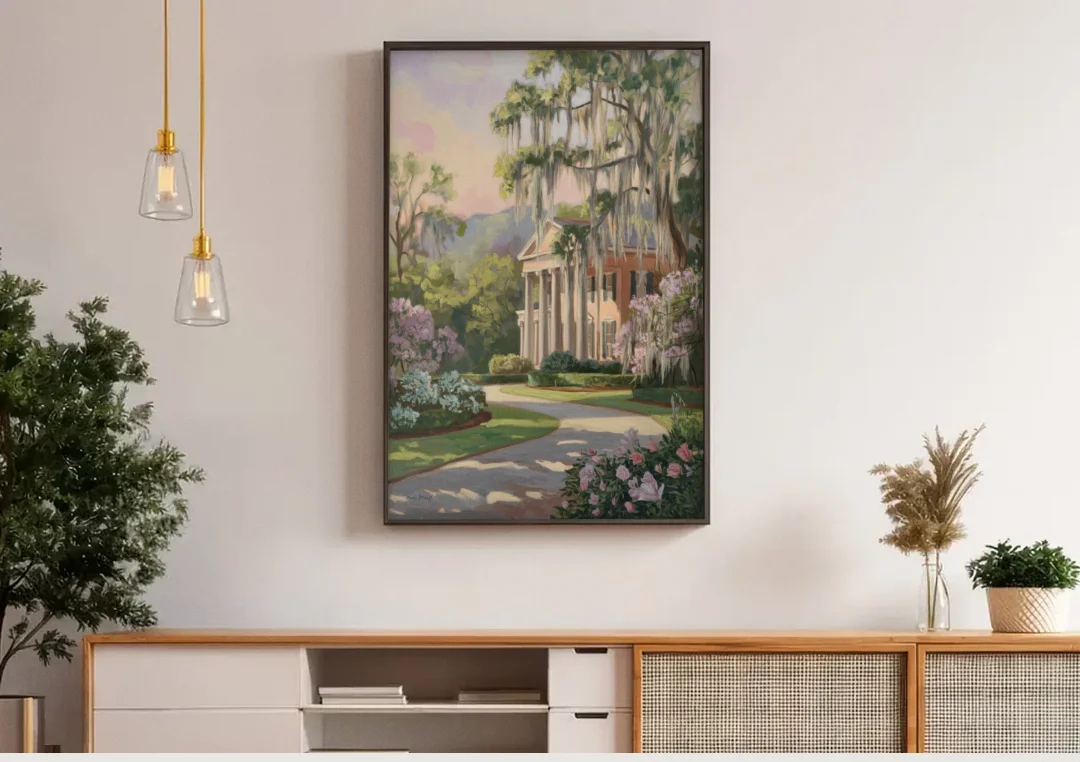 Augusta Timeless Southern Beauty canvas wall art above a wooden sideboard under pendant lights