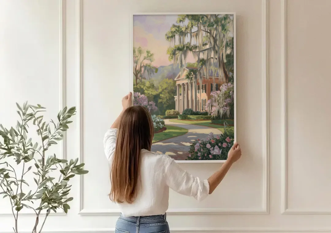 Augusta Timeless Southern Beauty canvas wall art being hung on a paneled wall