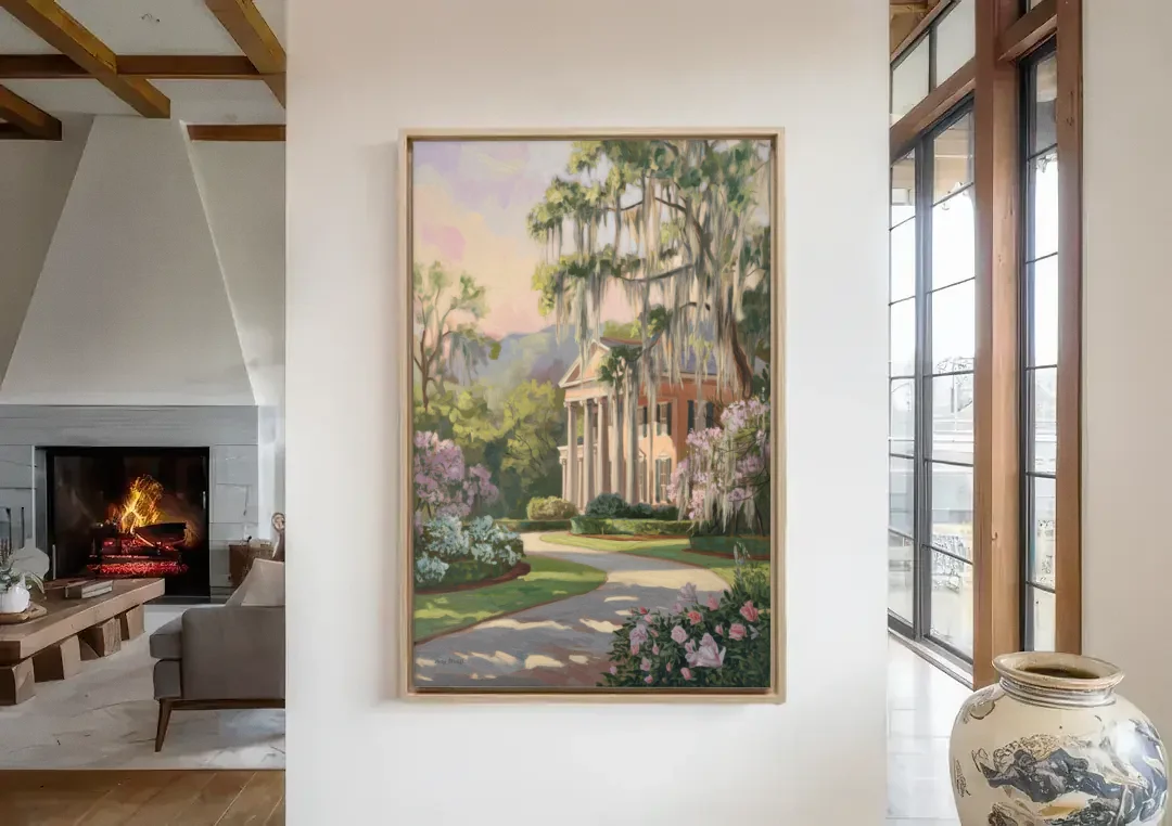 Augusta Timeless Southern Beauty canvas wall art in a living room with a fireplace