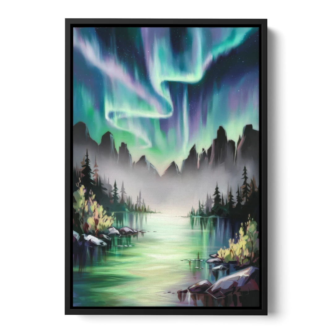 Aurora Borealis Landscape - Black Framed Canvas Wall Art - Front