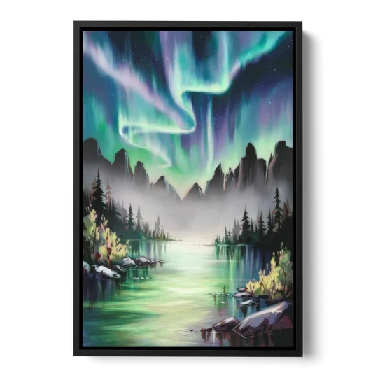 Aurora Borealis Landscape - Black Framed Canvas Wall Art - Front