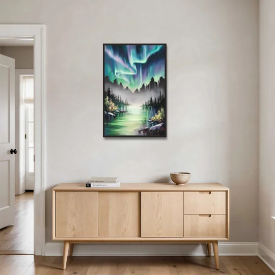 Aurora Borealis Landscape - Black Framed Canvas Wall Art - Coffee Table - 24x36