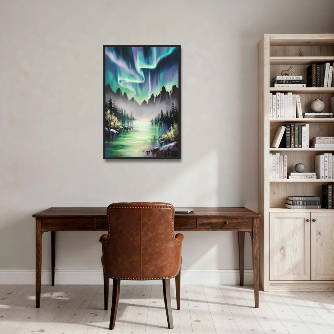 Aurora Borealis Landscape - Black Framed Canvas Wall Art - Office - 24x36