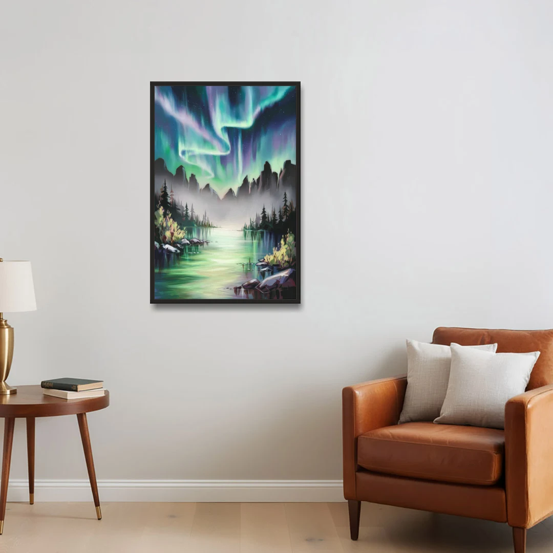 Aurora Borealis Landscape - Black Framed Canvas Wall Art - Sofa - 24x36