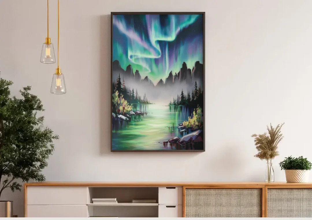 Aurora Borealis Landscape canvas wall art above a wooden sideboard under pendant lights
